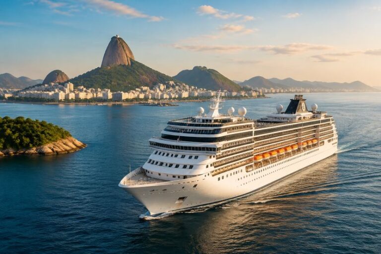 Large white cruise ship sailing near a coastal city with Sugarloaf Mountain in the background.