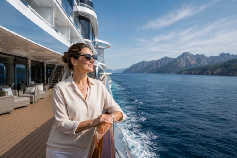 Woman in sunglasses on a cruise ship deck, gazing at the sea with mountains in the distance.