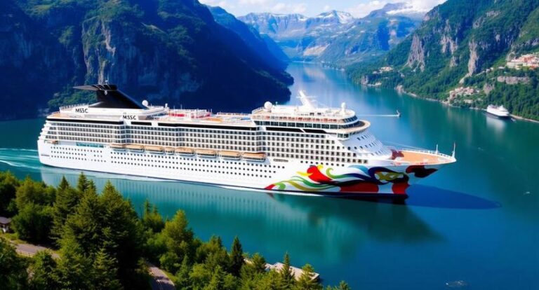 Large white cruise ship sailing through a deep blue fjord with green, forested mountains surrounding it.
