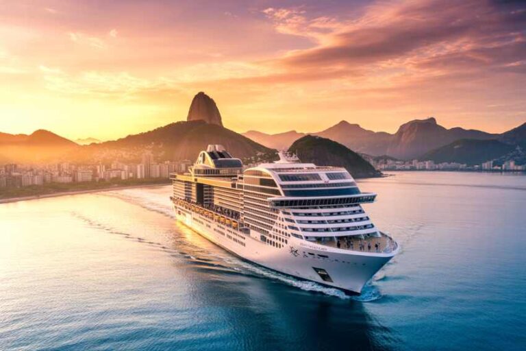Emerald-blue ocean with a large white cruise ship sailing near a coastal city at sunset, mountains in the background.