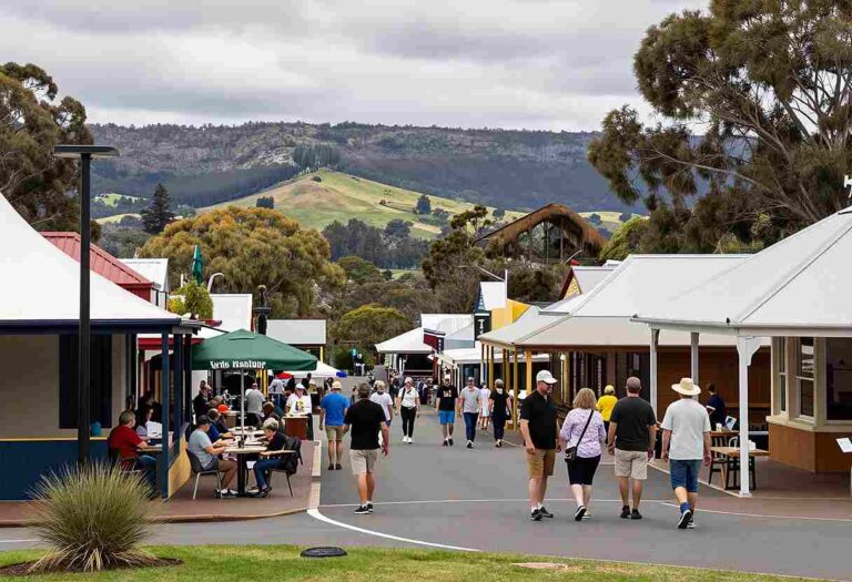 Outdoor market street with stalls, tents, and people strolling; hills rise in the background.