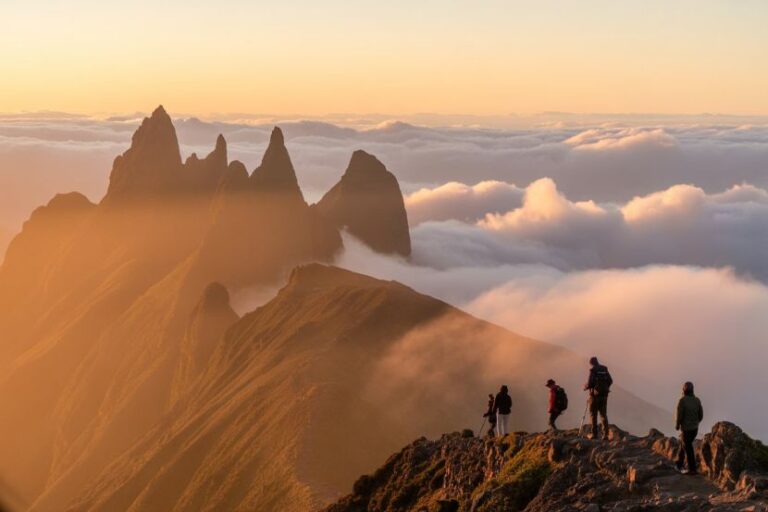 Group of hikers on a rocky mountain ridge at sunrise, with a sea of clouds and jagged peaks in the distance.