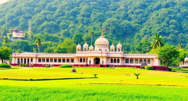 White domed temple with arches set in a manicured lawn and surrounding hills; palm trees and a hillside backdrop create a serene landscape.