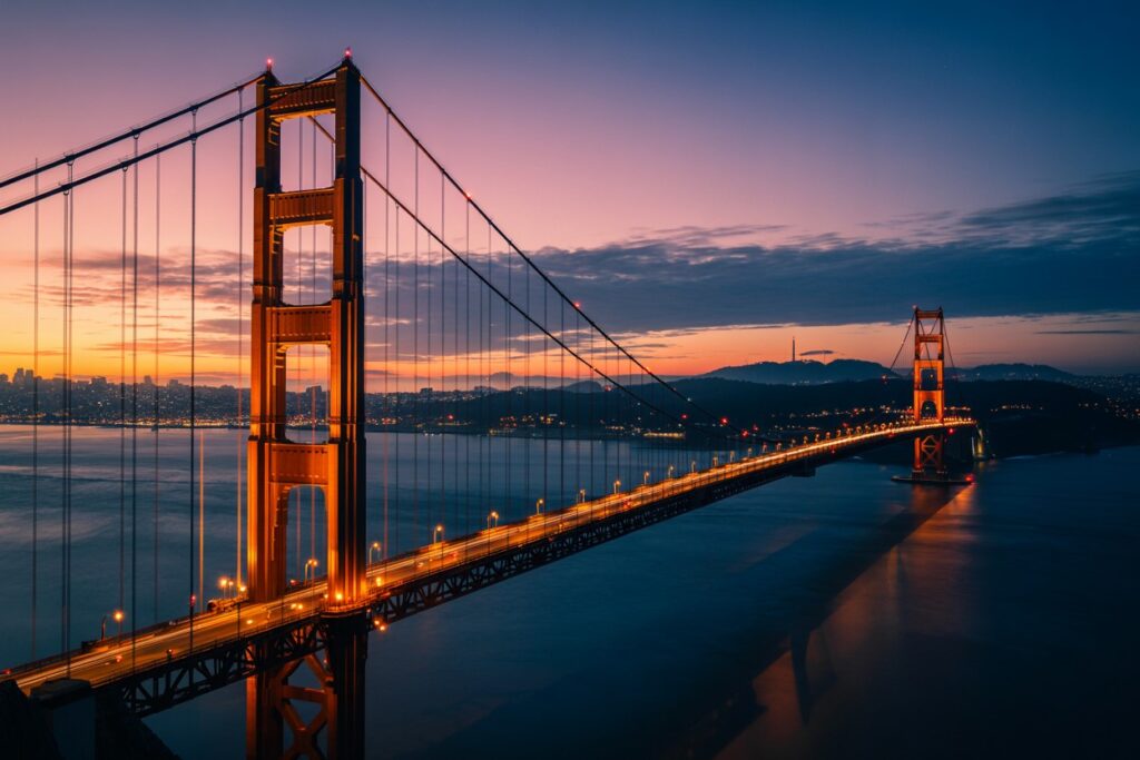 Golden Gate Bridge at sunset with orange-lit roadway cables reflecting on the bay. Las Vegas? (ignore)
