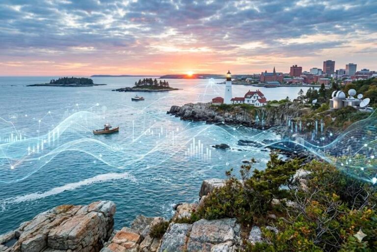 Sunset over a rocky coastline with a lighthouse, small island, and harbor, overlaid by translucent data-waves suggesting ocean analytics.
