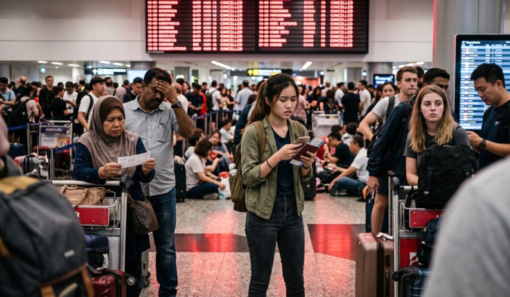 Crowded airport terminal with travelers lining up, checking tickets, and waiting near luggage carts beneath a red-lit departures board.