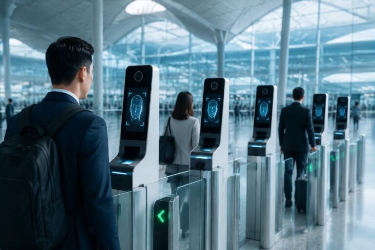 Passengers proceed through biometric facial recognition gates at an airport security checkpoint in a modern terminal.