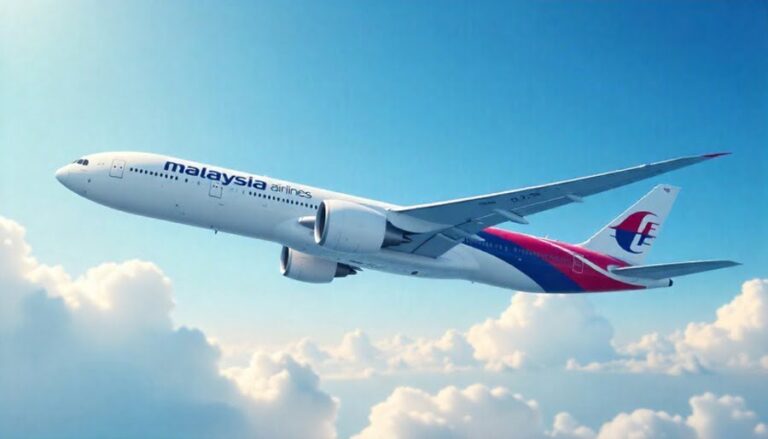 Malaysia Airlines passenger jet in flight over white clouds against a blue sky.