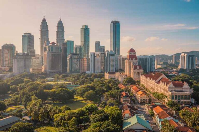 Kuala Lumpur skyline featuring the Petronas Towers and the red-roofed Sultan Abdul Samad Building beside a green park.