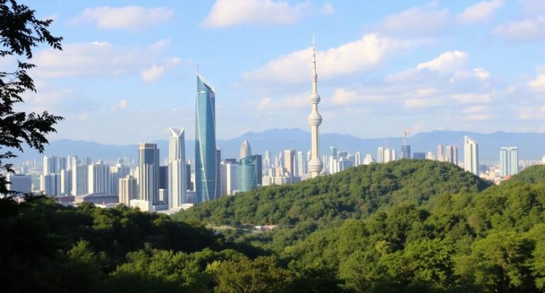 City skyline with tall skyscrapers behind a lush green hill covered in trees.