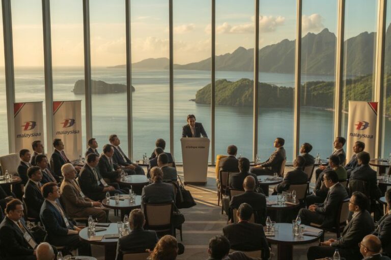 Speaker at podium addressing a conference in a glass-walled room overlooking the sea and mountains, with attendees seated at round tables.