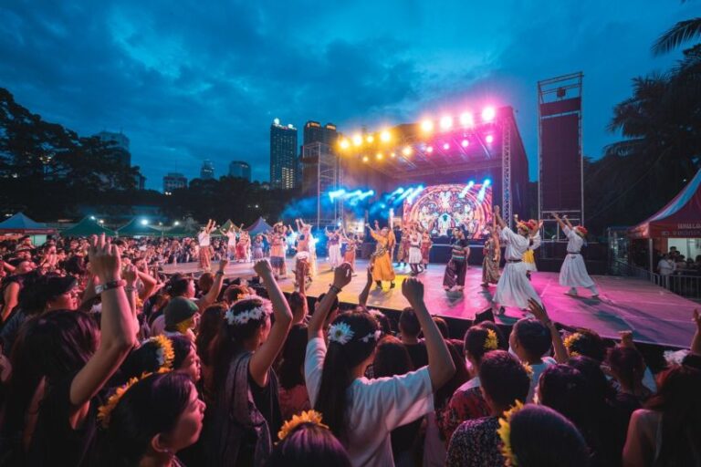 Outdoor stage performance at dusk with dancers in colorful costumes, cheering audience, and city skyline in the background.