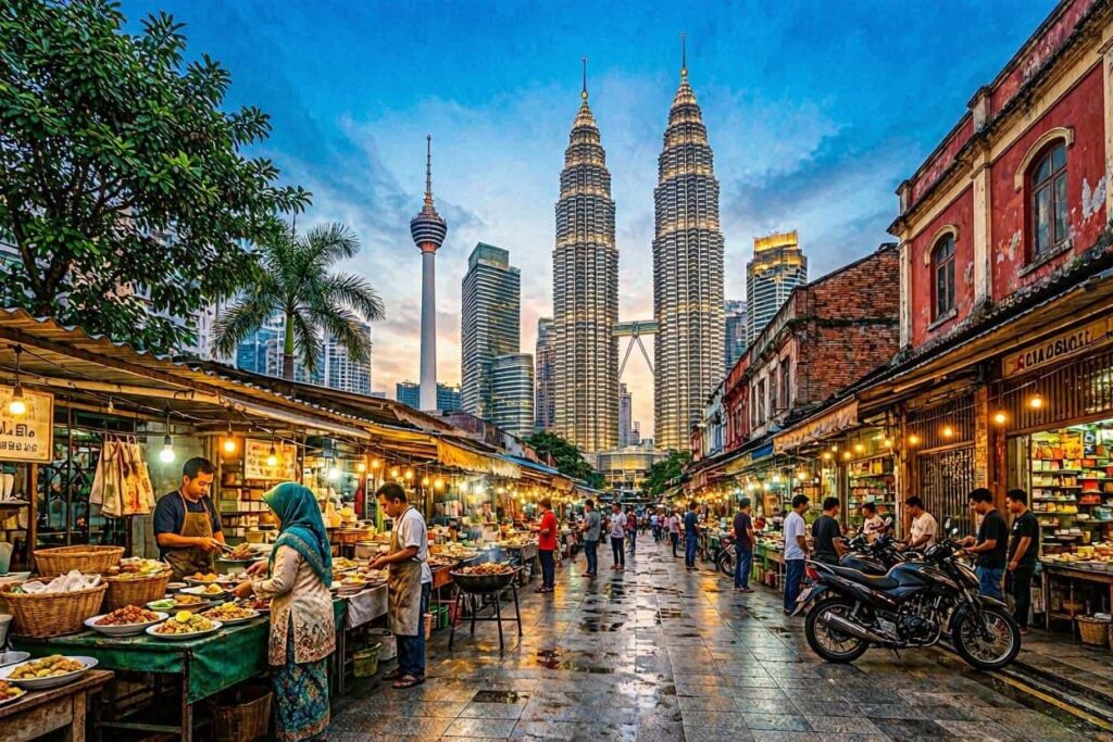 Busy street market at dusk in Kuala Lumpur with food stalls, vendors, and the Petronas Towers rising in the skyline behind.