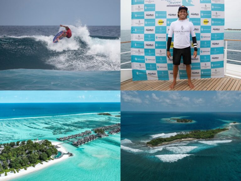 Surfer in a red shirt rides a breaking blue wave in the open ocean on the left side of the collage, spray flying from the board.