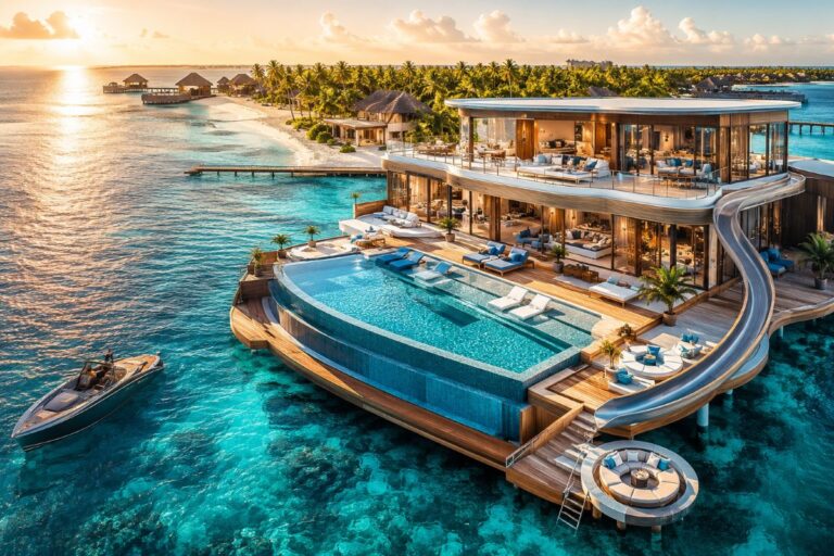 Overwater luxury villa with multiple decks, pool, and seating overlooking turquoise ocean at sunset.