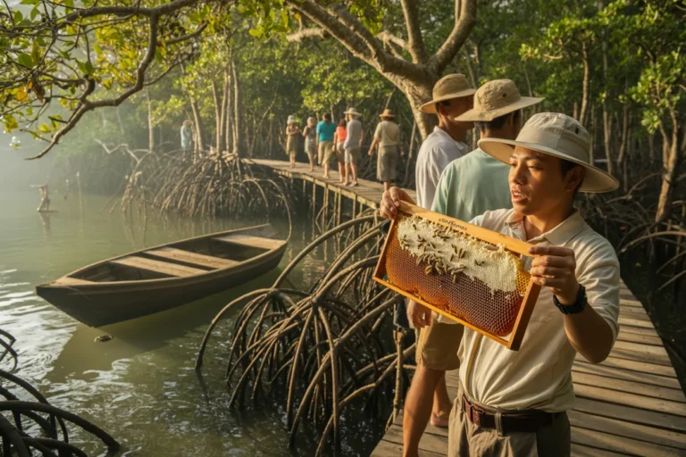 Guide on a mangrove boardwalk shows a honeycomb frame covered with bees to a group of visitors
