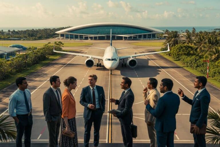 Group of professionals in suits on an airport runway with a jet behind them and a modern terminal in the background.