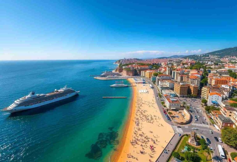 Aerial view of a sunny coastal city with a large cruise ship docked near a sandy beach and turquoise water.