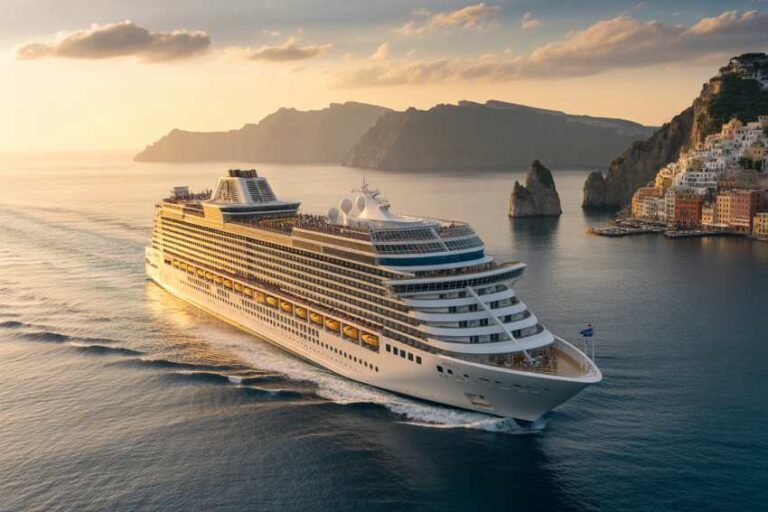 Large cruise ship cruising beside a rocky coast at sunset, with colorful hillside town in the background.