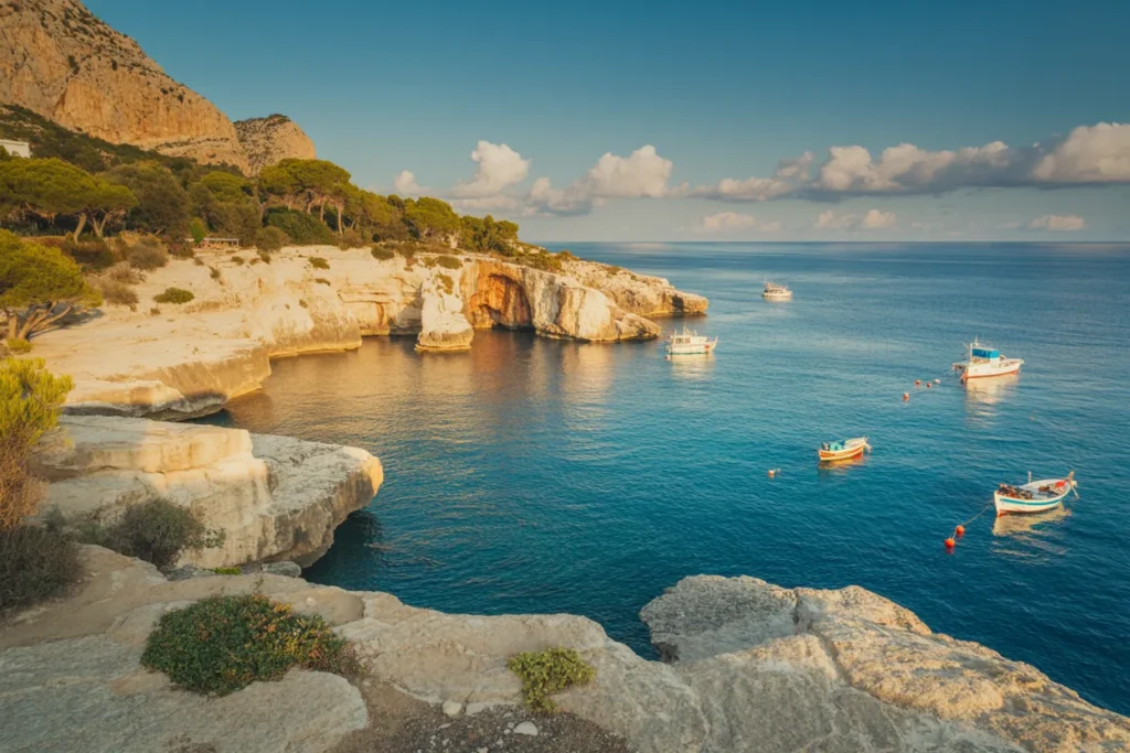 Coastal cove with rocky cliffs, pine trees, and several small boats anchored in calm blue water under a clear sky.