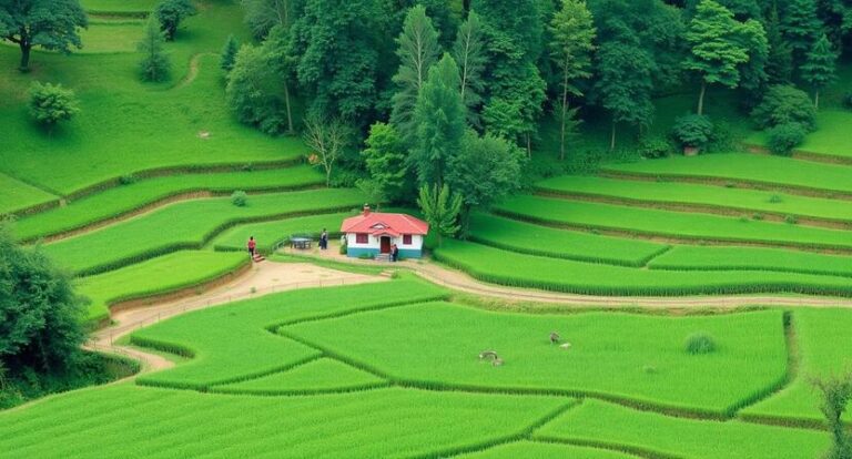 Terraced green rice fields with a small red-roofed house at center and trees in the background.