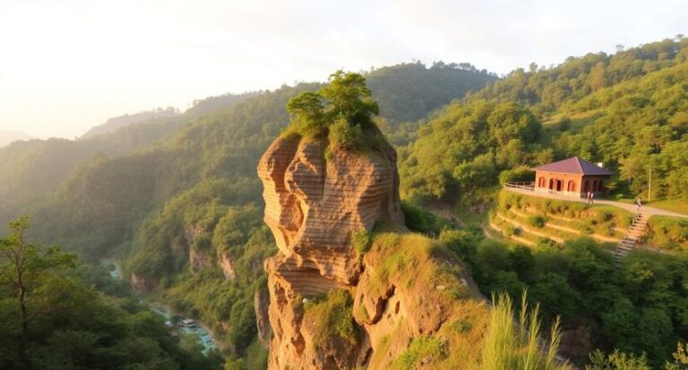 Rock formation with a lone tree atop, overlooking a forested valley and a red-roofed pavilion along a winding trail.
