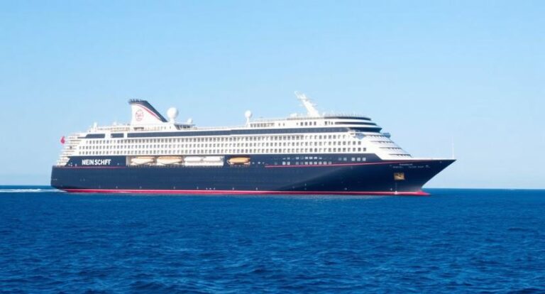 Side view of a large blue-and-white cruise ship sailing on a calm ocean under a clear sky.