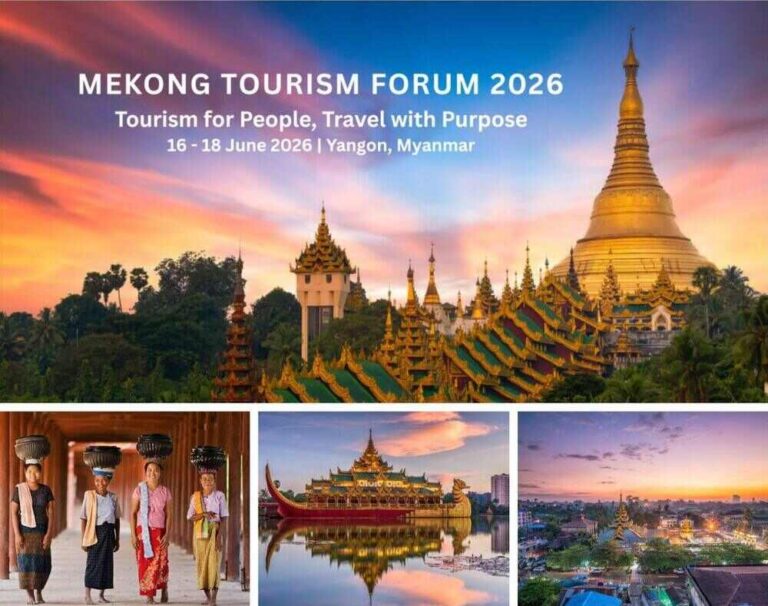 Banner for Mekong Tourism Forum 2026 with subtitle 'Tourism for People, Travel with Purpose' and dates in Yangon, Myanmar; skyline with golden stupa and temple complex.