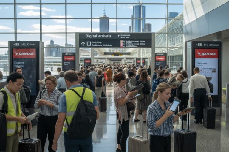 Crowded airport arrivals hall with travelers pulling luggage under a glass roof and digital arrivals signs above the walkway.