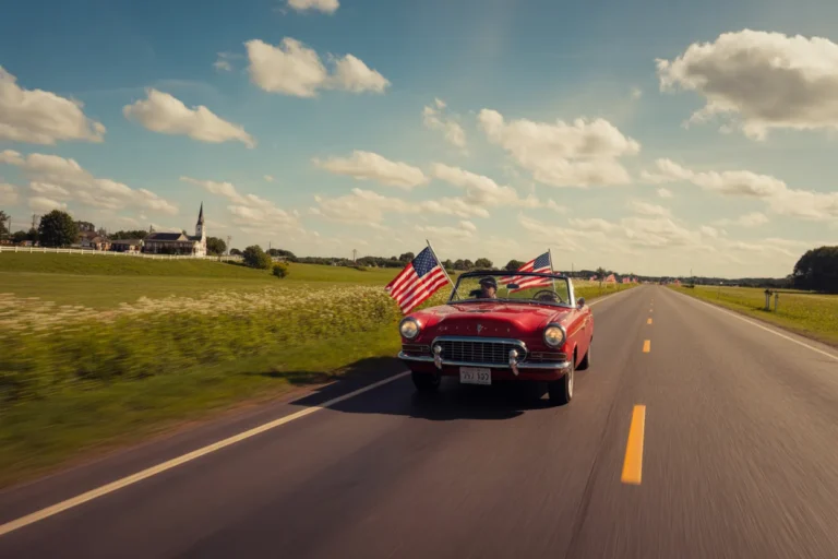 Red vintage convertible with two American flags on a rural highway under a blue sky.