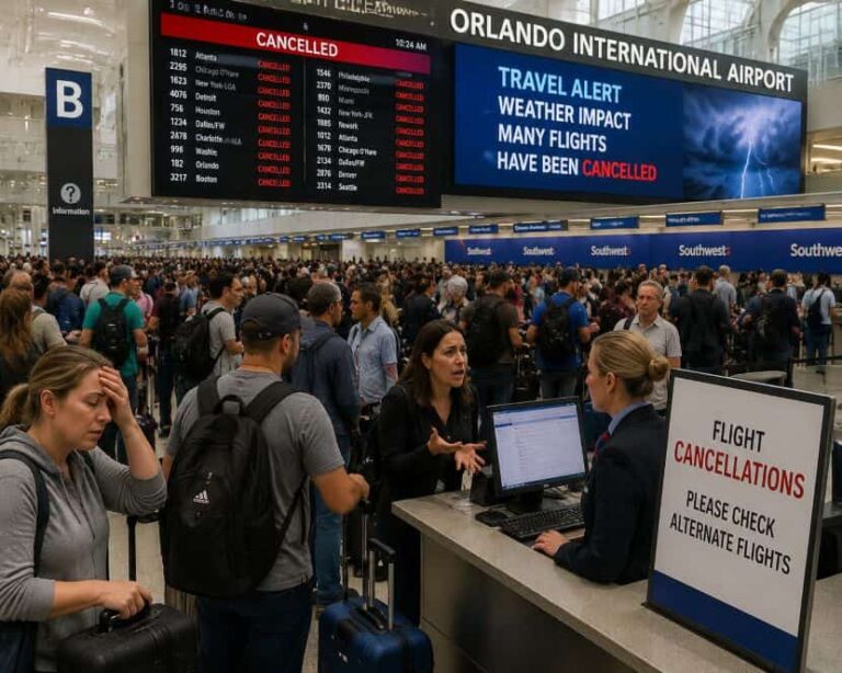 Crowded Orlando International Airport check-in area with a large flight cancellations sign and digital departure boards in the background.