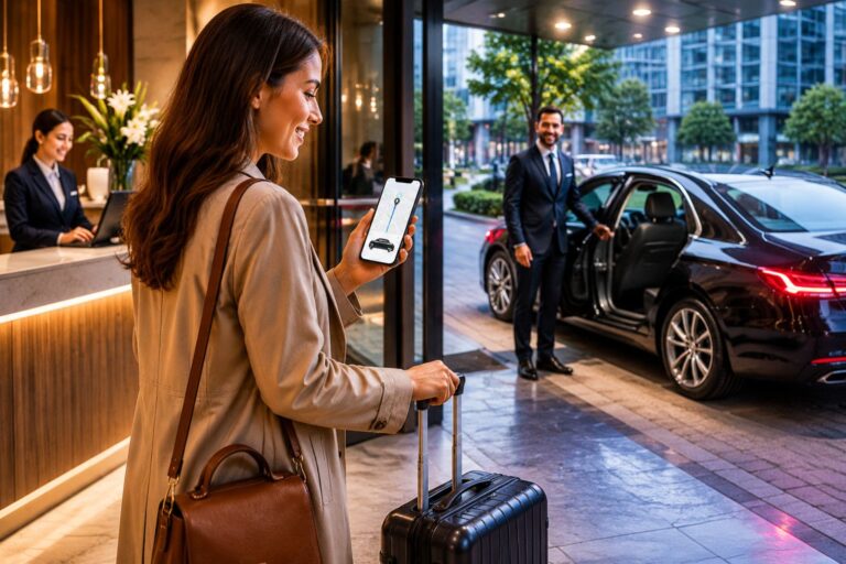 Woman with a rolling suitcase uses a smartphone app at a hotel entrance as a driver opens a luxury car for her ride outside.
