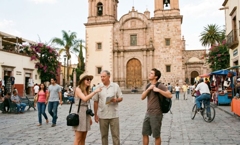 Tourists chat in a historic cobblestone plaza with a stone church in the background; a woman with a hat and camera speaks to an older man holding a map as a backpacked man looks up.