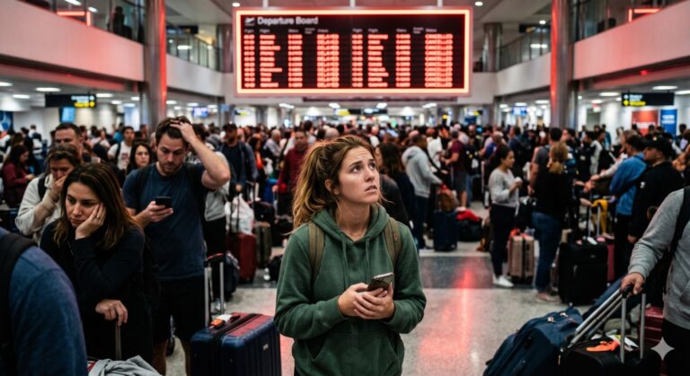 Young woman in a green hoodie looks up at a glowing departure board in a crowded airport terminal with luggage around her gym bag and backpacks nearby.