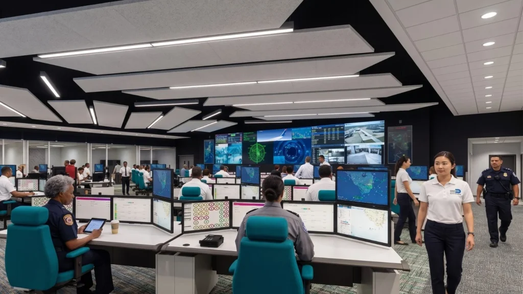 Mission control room with numerous workstations, large screens, and staff monitoring systems from teal chairs and desks.