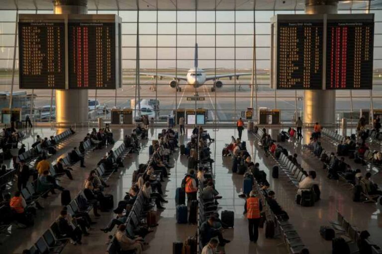 Busy airport terminal with rows of seats and passengers waiting; airplane visible outside through glass panels at the gate.
