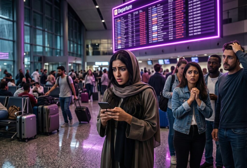 Woman wearing a hijab looks anxious while checking her phone in a busy airport terminal near a glowing departure board in purple light.