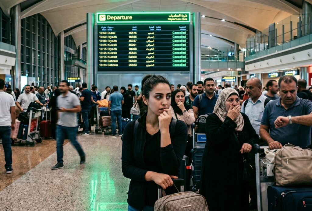 Busy airport terminal with a large green Departure board overhead and travelers with luggage waiting in line.