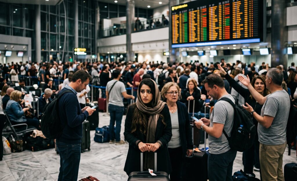 Crowded airport terminal with travelers lined up and waiting, backpacks and suitcases scattered on the marble floor, a woman in a scarf with a suitcase centered in the foreground.
