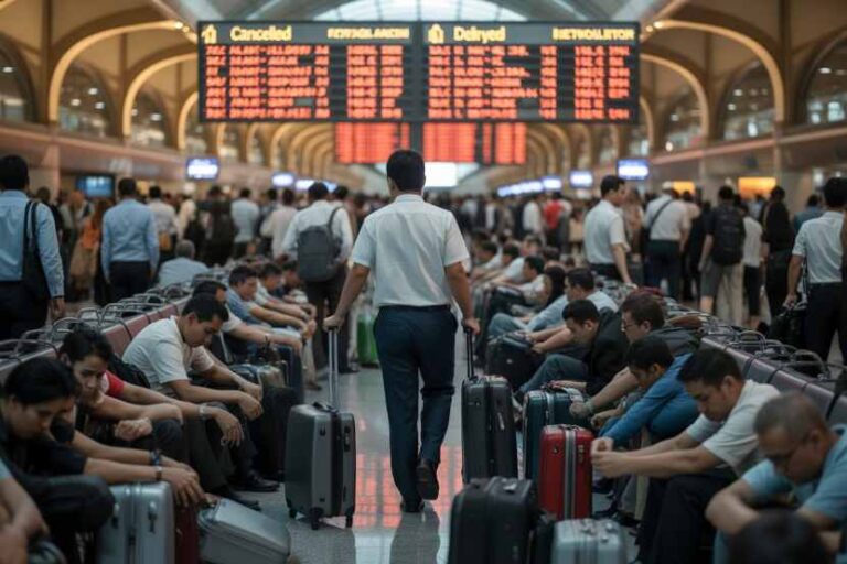 Crowded airport terminal with travelers seated and standing, pulling rolling suitcases under a large flight information board.