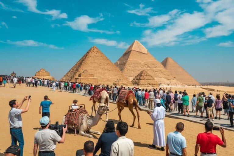 Crowded desert scene at the Giza pyramids with tourists, camels, and guides under a bright blue sky.