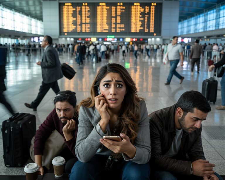 Woman in gray blazer sits on the airport floor, phone to her ear, looking worried as others beside her wait with luggage.