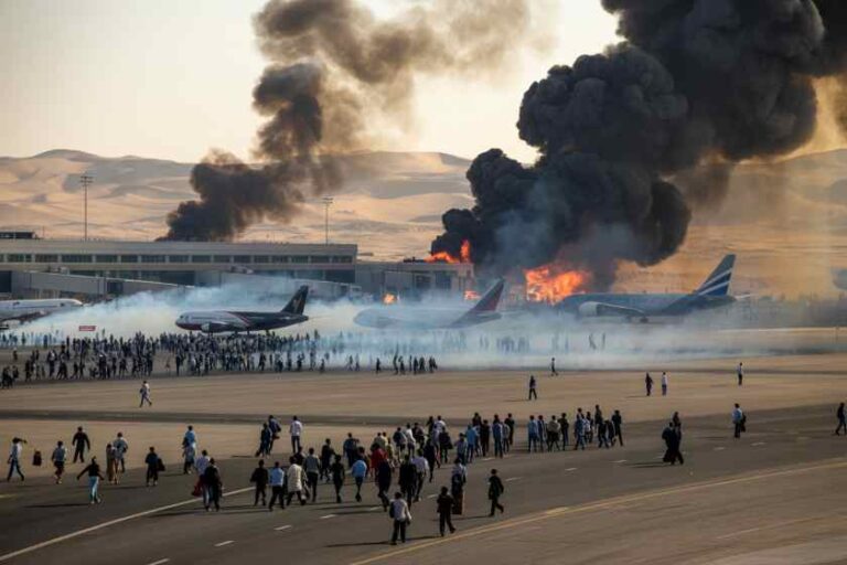 Crowded airport tarmac with planes as a large fire and black smoke rise behind a terminal; evacuees move away from the flames far in the background.