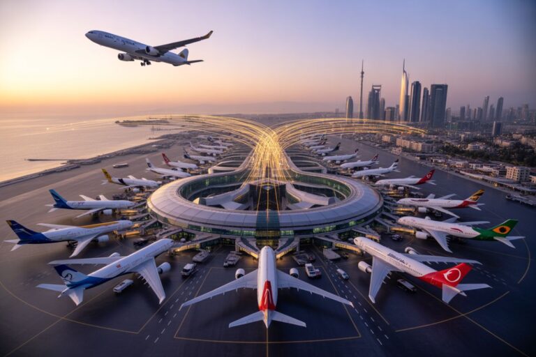Aerial view of a circular airport terminal with many airplanes parked around the gates and a plane taking off at dusk.