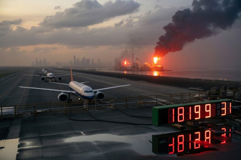 Airplanes lined up on a wet runway toward a distant refinery burning with bright flames and dark smoke, reflecting on puddles.