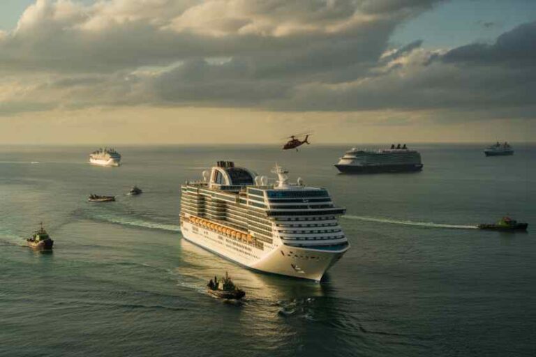 Large cruise ship sailing in calm sea with smaller boats surrounding it and a helicopter in the sky at sunset.