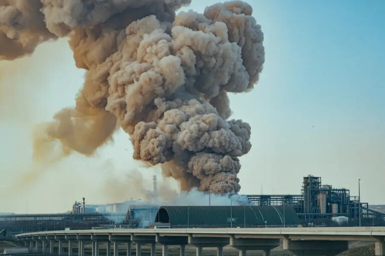 Industrial refinery releasing a massive plume of dark smoke into the sky, with a highway overpass in the foreground.