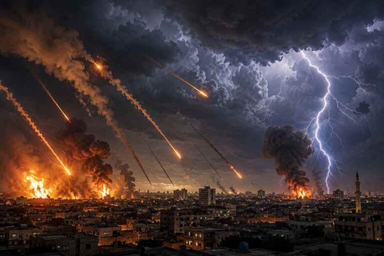 City at night bombarded with fires, smoke, and streaks of light across dark storm clouds (bombardment scene).","Explosions and fires erupt in a city as missiles streak through a stormy sky and a lightning bolt strikes.","Dark thunderstorm over a city with fiery explosions, smoke plumes, and a large lightning strike.","War scene over an urban area: multiple fire bursts, smoke columns, and a bright lightning bolt.","Stormy sky above a city during bombardment, with missiles, fire, and a jagged lightning bolt."