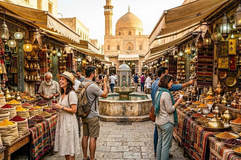 Busy outdoor market with spice stalls along a central fountain and a domed mosque in the background.