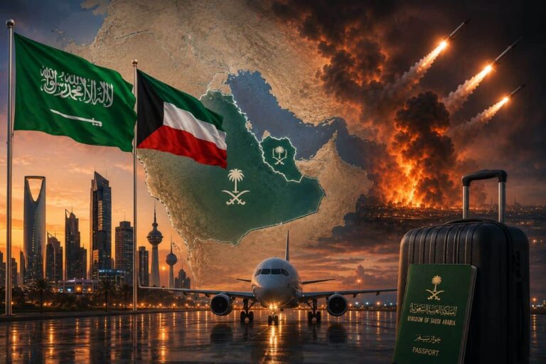 Saudi flags and Kuwaiti flag flutter beside an airplane on a rainy tarmac, with a war-torn map of Saudi Arabia and blasting rockets in the sky behind a passport and suitcase.